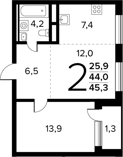 Планировка — Новые Ватутинки Квартал у реки, 2-комн., 44 м²