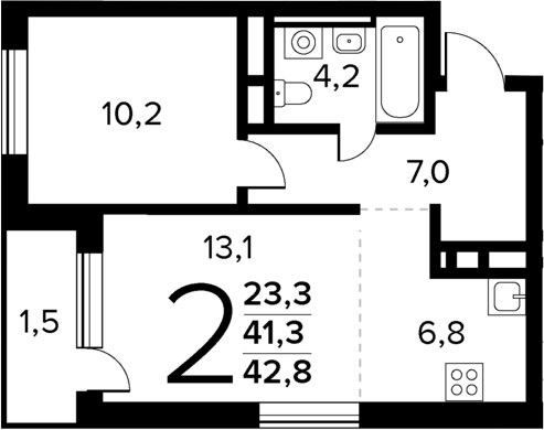 Планировка — Новые Ватутинки Квартал у реки, 2-комн., 41 м²