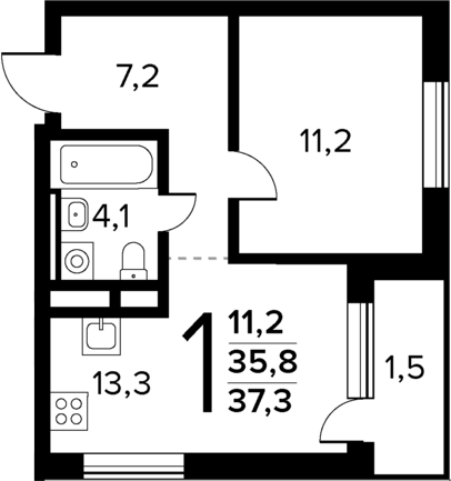 Планировка — Новые Ватутинки Квартал у реки, 1-комн., 36 м²