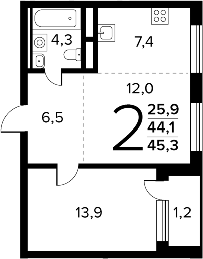 Планировка — Новые Ватутинки Квартал у реки, 2-комн., 44 м²