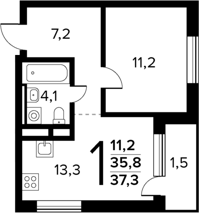 Планировка — Новые Ватутинки Квартал у реки, 1-комн., 36 м²