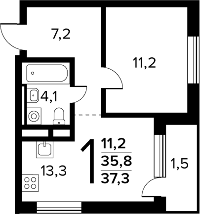 Планировка — Новые Ватутинки Квартал у реки, 1-комн., 36 м²