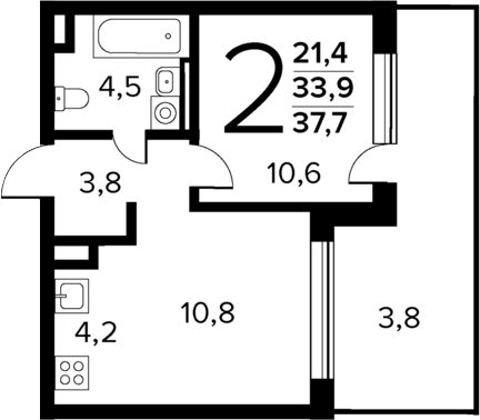 Планировка — Новые Ватутинки Квартал у реки, 2-комн., 34 м²