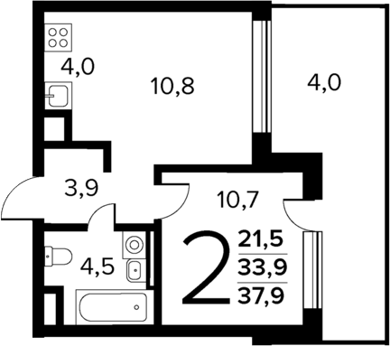 Планировка — Новые Ватутинки Квартал у реки, 2-комн., 34 м²