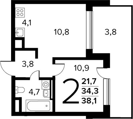 Планировка — Новые Ватутинки Квартал у реки, 2-комн., 34 м²