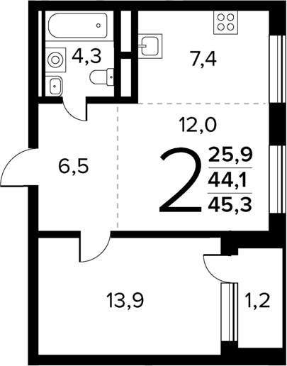 Планировка — Новые Ватутинки Квартал у реки, 2-комн., 44 м²