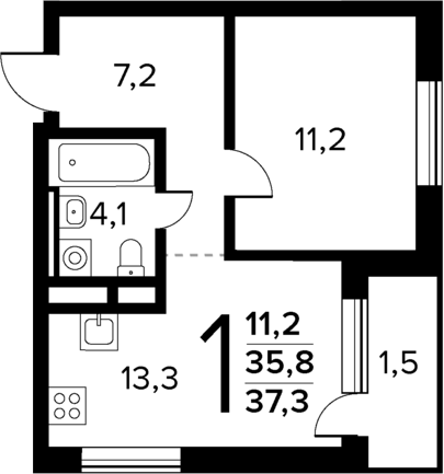 Планировка — Новые Ватутинки Квартал у реки, 1-комн., 36 м²
