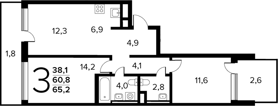 Планировка — Новые Ватутинки Квартал у реки, 3-комн., 61 м²