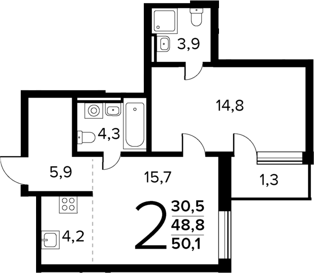 Планировка — Новые Ватутинки Квартал у реки, 2-комн., 49 м²