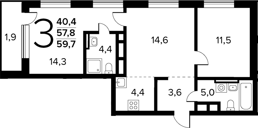 Планировка — Новые Ватутинки Квартал у реки, 3-комн., 58 м²
