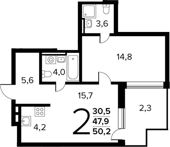 Планировка — Новые Ватутинки Квартал у реки, 2-комн., 48 м²