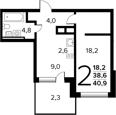 Планировка — Новые Ватутинки Квартал у реки, 2-комн., 39 м²