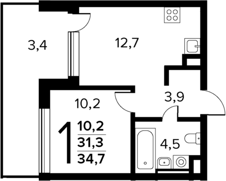Планировка — Новые Ватутинки Квартал у реки, 1-комн., 31 м²