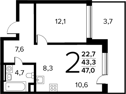 Планировка — Новые Ватутинки Квартал у реки, 2-комн., 43 м²