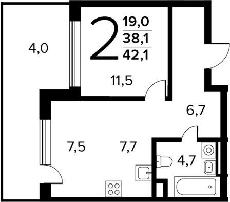 Планировка — Новые Ватутинки Квартал у реки, 2-комн., 38 м²