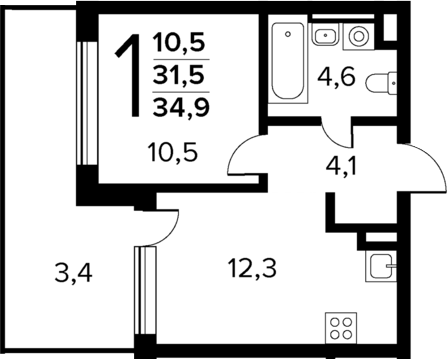 Планировка — Новые Ватутинки Квартал у реки, 1-комн., 32 м²