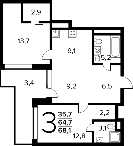 Планировка — Новые Ватутинки Квартал у реки, 3-комн., 65 м²