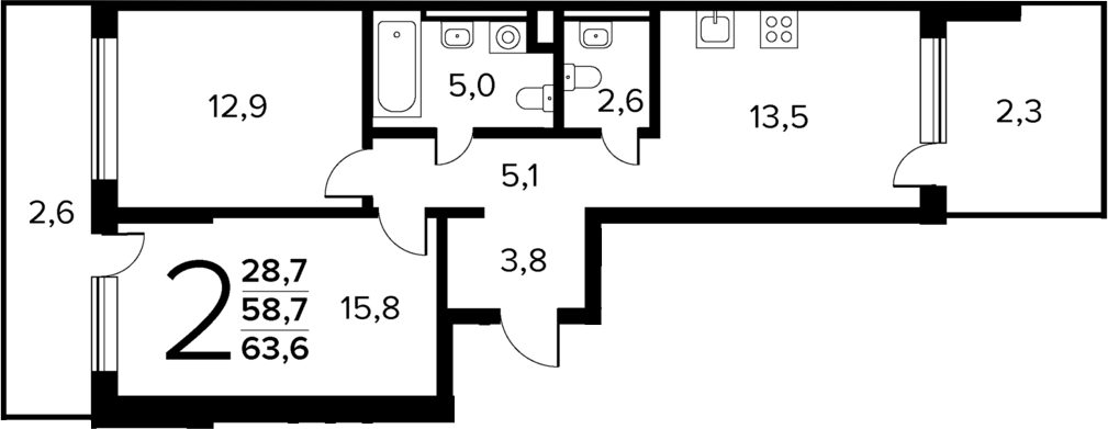 Планировка — Новые Ватутинки Квартал у реки, 2-комн., 59 м²