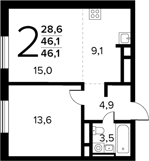 Планировка — Новые Ватутинки Квартал у реки, 2-комн., 46 м²