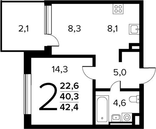 Планировка — Новые Ватутинки Квартал у реки, 2-комн., 40 м²