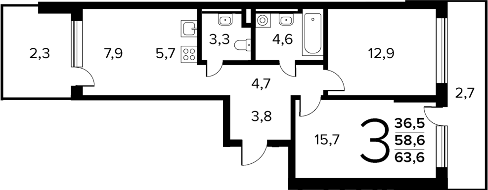 Планировка — Новые Ватутинки Квартал у реки, 3-комн., 59 м²