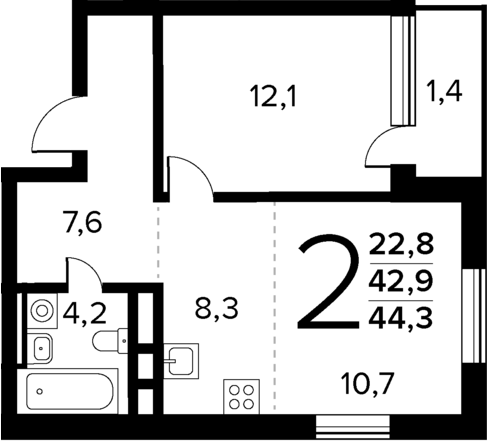 Планировка — Новые Ватутинки Квартал у реки, 2-комн., 43 м²