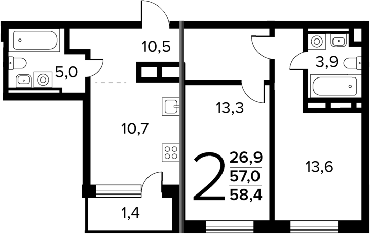 Планировка — Новые Ватутинки Квартал у реки, 2-комн., 57 м²