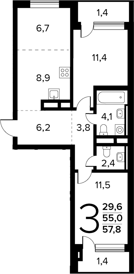 Планировка — Новые Ватутинки Квартал у реки, 3-комн., 55 м²