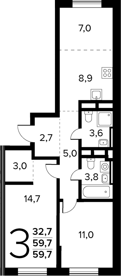 Планировка — Новые Ватутинки Квартал у реки, 3-комн., 60 м²