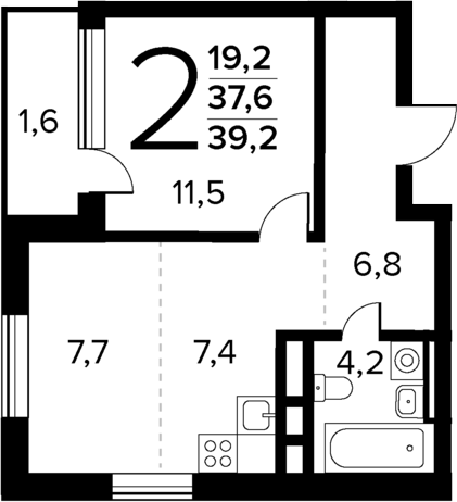 Планировка — Новые Ватутинки Квартал у реки, 2-комн., 38 м²