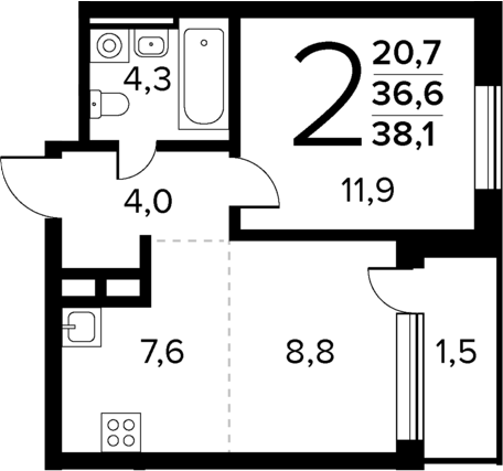 Планировка — Новые Ватутинки Квартал у реки, 2-комн., 37 м²