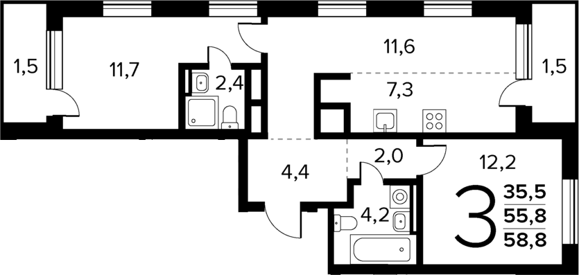 Планировка — Новые Ватутинки Квартал у реки, 3-комн., 56 м²