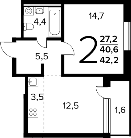 Планировка — Новые Ватутинки Квартал у реки, 2-комн., 41 м²