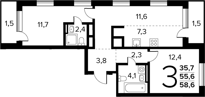 Планировка — Новые Ватутинки Квартал у реки, 3-комн., 56 м²