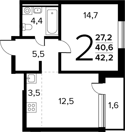 Планировка — Новые Ватутинки Квартал у реки, 2-комн., 41 м²