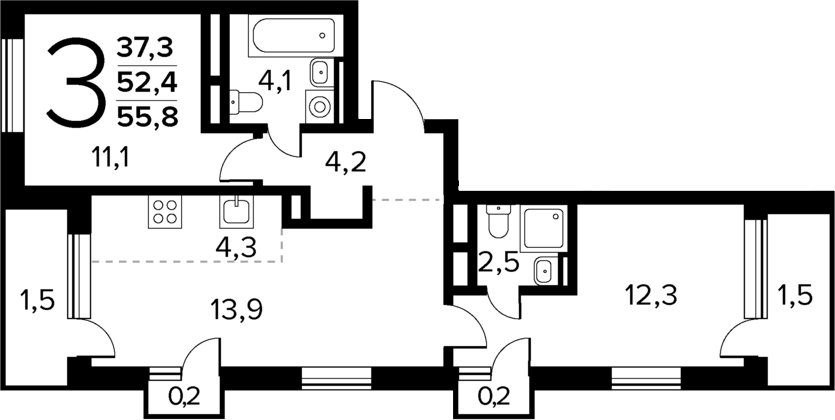 Планировка — Новые Ватутинки Квартал у реки, 3-комн., 52 м²