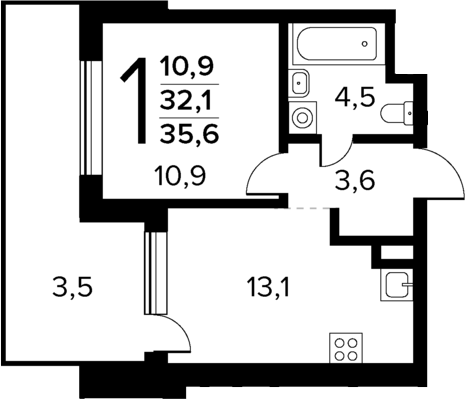 Планировка — Новые Ватутинки Квартал у реки, 1-комн., 32 м²
