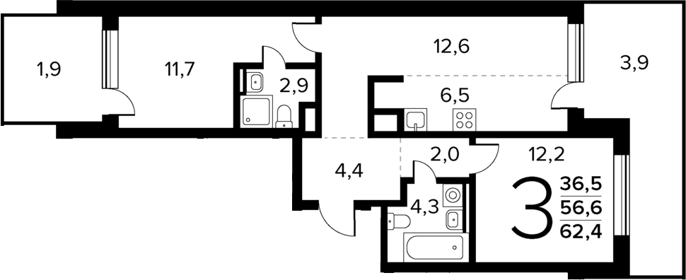 Планировка — Новые Ватутинки Квартал у реки, 3-комн., 57 м²