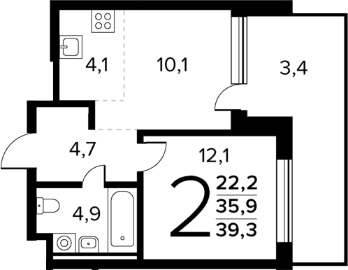 Планировка — Новые Ватутинки Квартал у реки, 2-комн., 36 м²