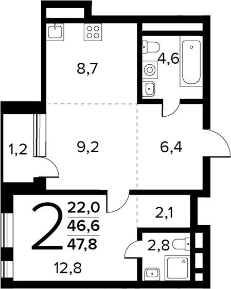 Планировка — Новые Ватутинки Квартал у реки, 2-комн., 47 м²