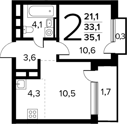 Планировка — Новые Ватутинки Квартал у реки, 2-комн., 33 м²