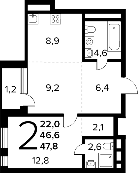 Планировка — Новые Ватутинки Квартал у реки, 2-комн., 47 м²