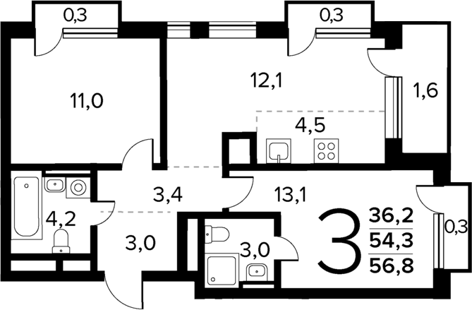 Планировка — Новые Ватутинки Квартал у реки, 3-комн., 54 м²