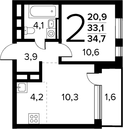 Планировка — Новые Ватутинки Квартал у реки, 2-комн., 33 м²