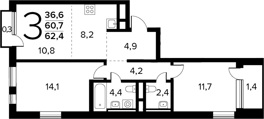 Планировка — Новые Ватутинки Квартал у реки, 3-комн., 61 м²