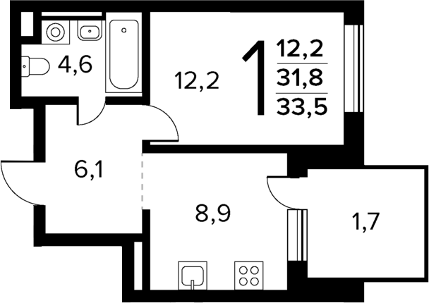 Планировка — Новые Ватутинки Квартал у реки, 1-комн., 32 м²