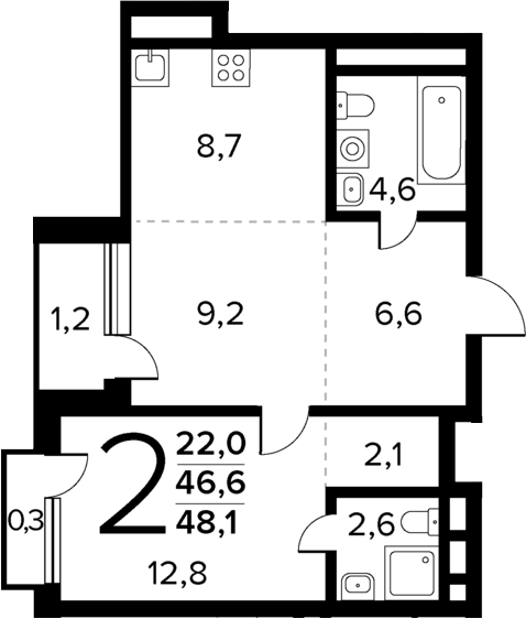 Планировка — Новые Ватутинки Квартал у реки, 2-комн., 47 м²