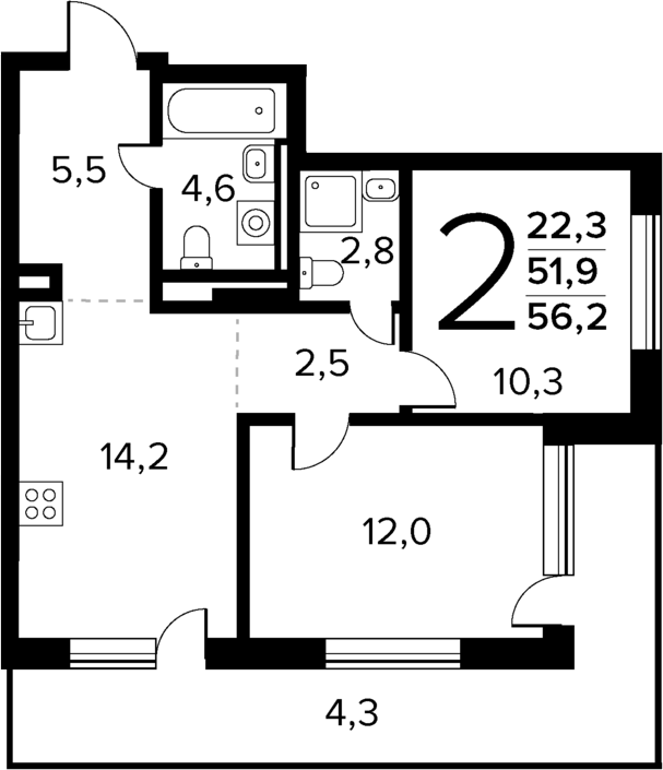 Планировка — Новые Ватутинки Квартал у реки, 2-комн., 52 м²