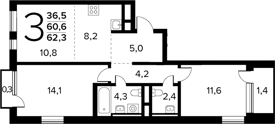 Планировка — Новые Ватутинки Квартал у реки, 3-комн., 61 м²