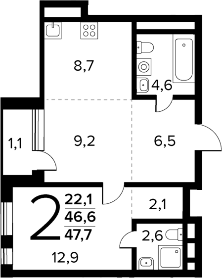 Планировка — Новые Ватутинки Квартал у реки, 2-комн., 47 м²